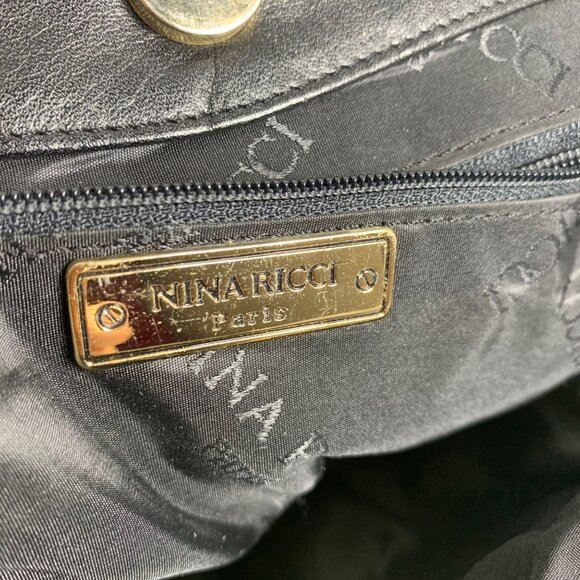 Vintage NINA RICCI Black Leather Ruched Clutch Handbag Gold-Tone Chain Strap - Picture 6 of 7